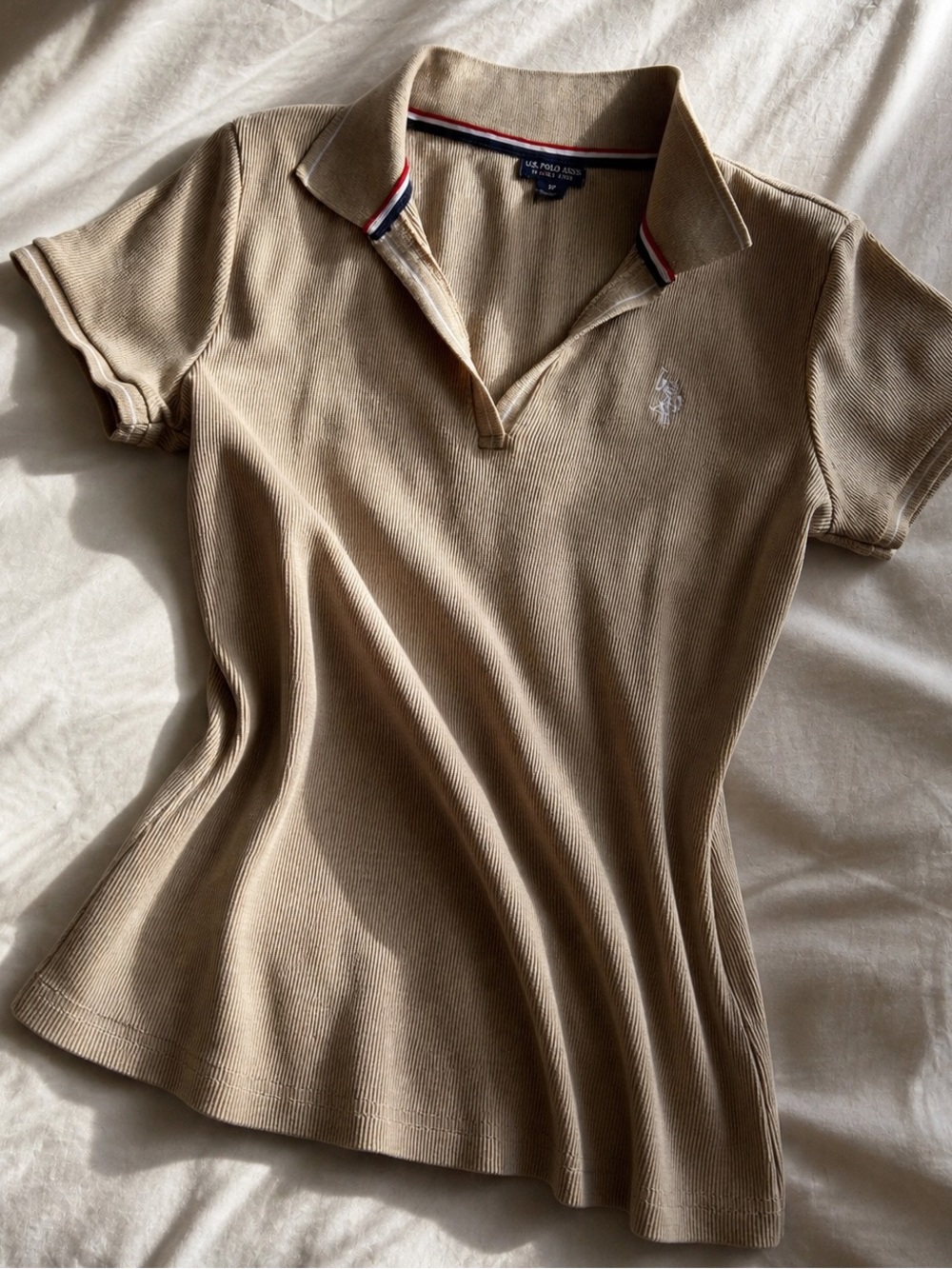 U.S. Polo Assn Fitted Ribbed Polo Tan Contrast Trim Stretch Top M